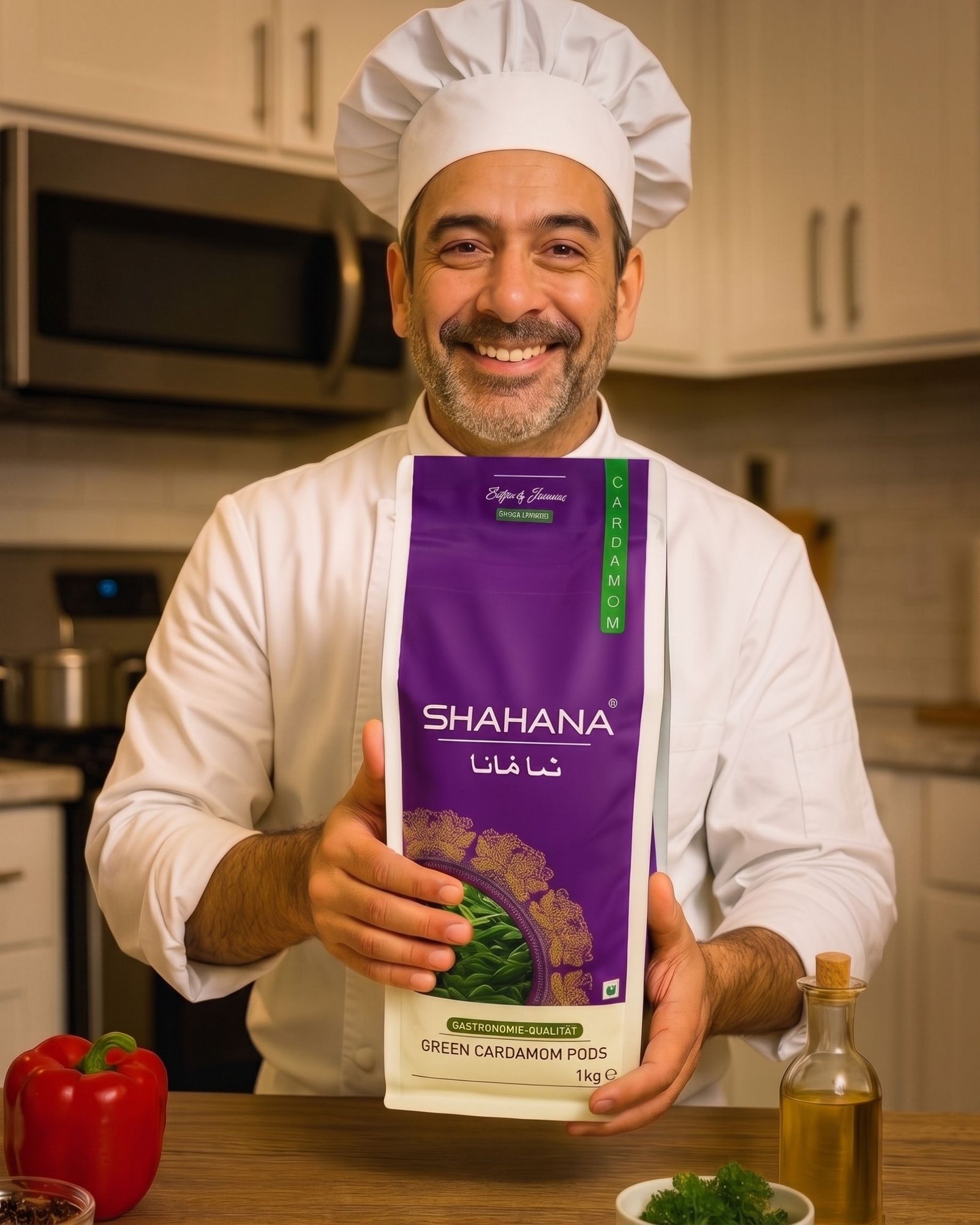 A chef presenting Shahana cardamom, an Abid Naim Ltd brand