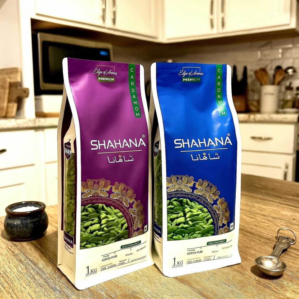 Shahana cardamom pouch opened showing whole green pods