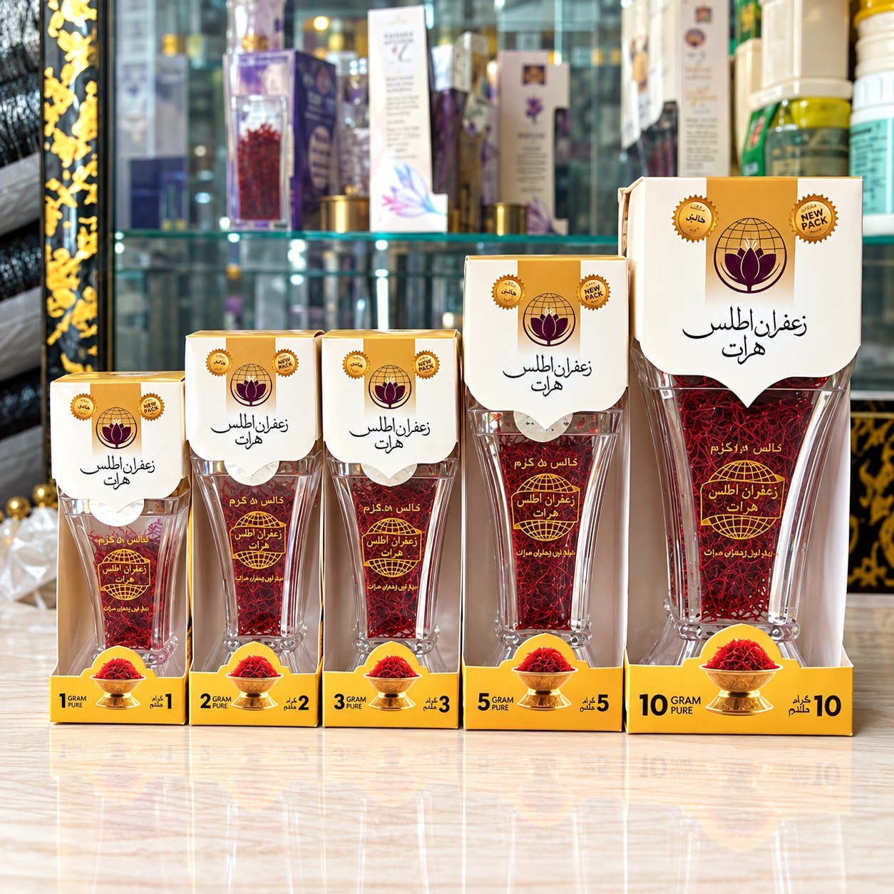 Afghan saffron retail line-up, 1 to 10 gram packs