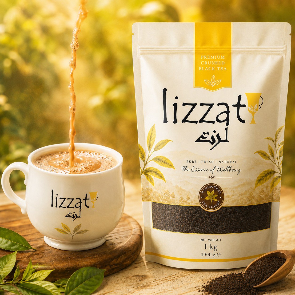 Lizzat crushed black tea, pouch with brewed cup