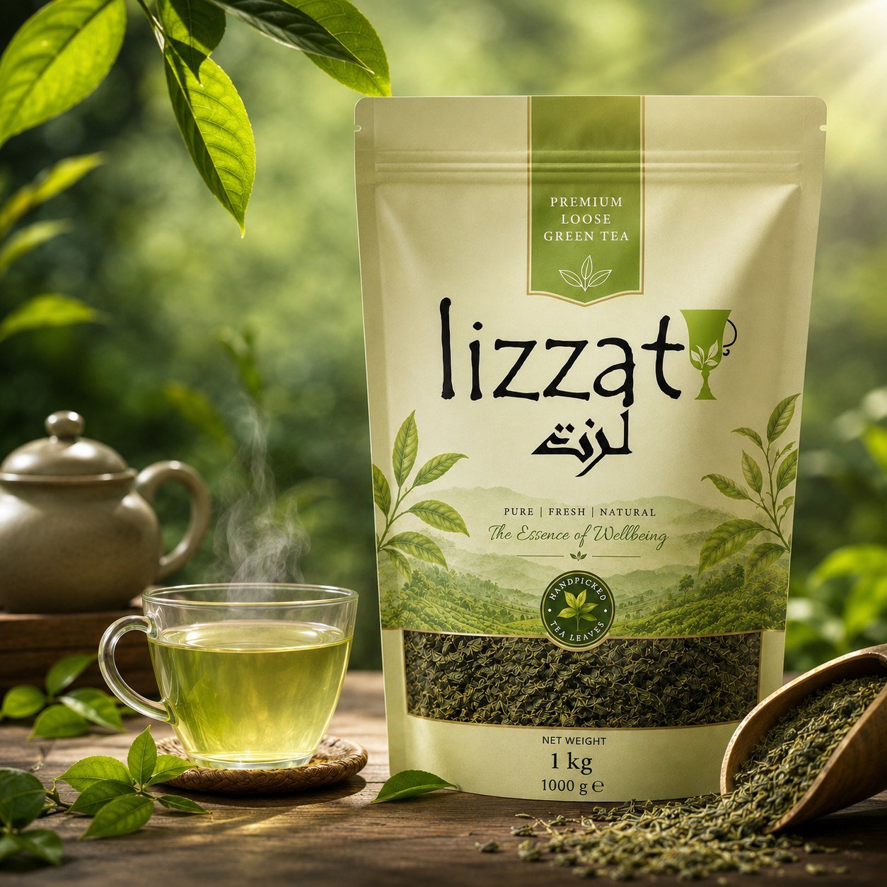 Lizzat loose green tea, pouch with brewed cup